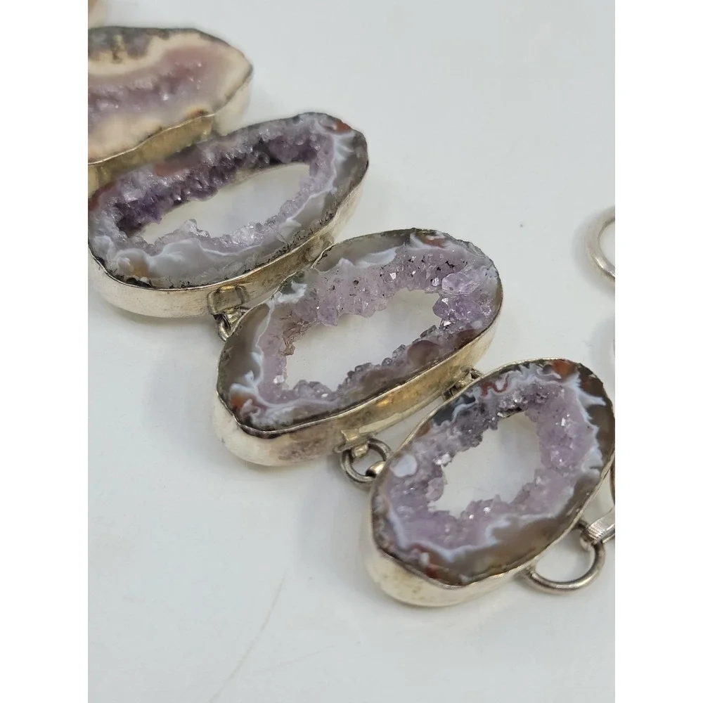 Sterling Silver 925 Purple Natural Geode Crystal Stone Bracelet